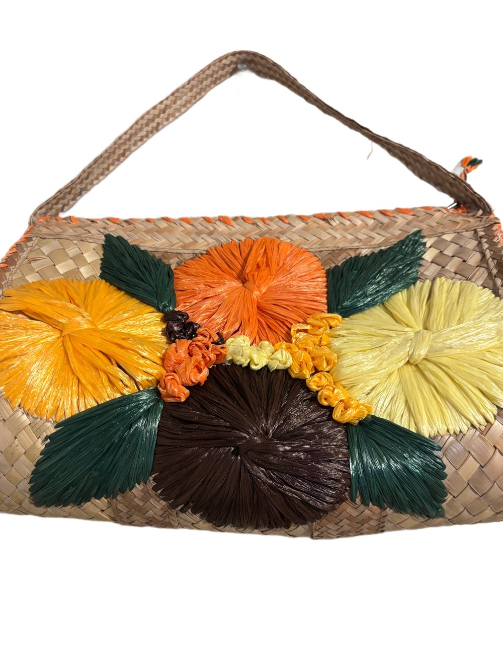 Vintage 1960s Rattan Purse Raffia Floral Motif-Hawaiian-Tropical 12” x 9” - Picture 2 of 8